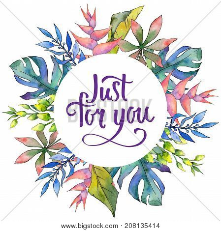 Tropical Hawaii leaves frame in a watercolor style. Aquarelle wild flower for background, texture, wrapper pattern, frame or border.