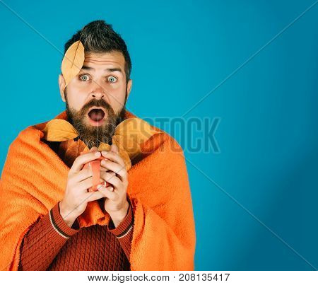 Hipster Or Guy In Autumn With Tea Cup, Mulled Wine.