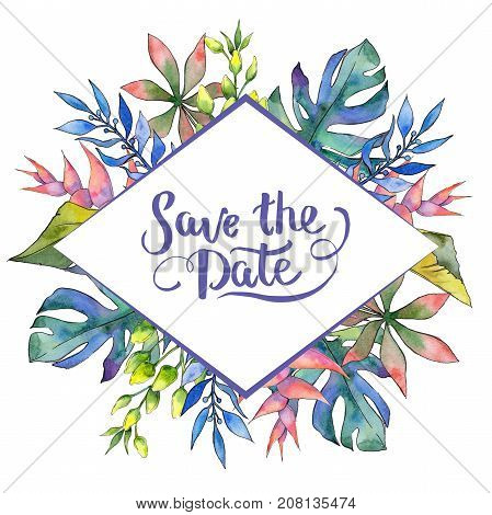 Tropical Hawaii leaves frame in a watercolor style. Aquarelle wild flower for background, texture, wrapper pattern, frame or border.