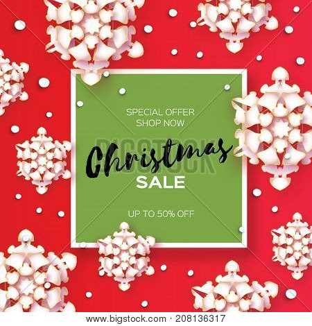 Merry Christmas Big Sale for Promotion. Paper cut Snowflakes. Origami carving Decorations. Square Frame. Snowfall Text. Lazer cut. Red background. Vector Illustration