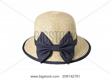 Woven hats decorated with black cloth tied with ribbon, isolated on a white background.