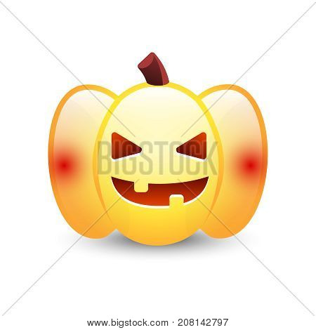 Realistic Vector Halloween Pumpkin With Candle Inside. Happy Face Halloween Pumpkin Isolated On Whit