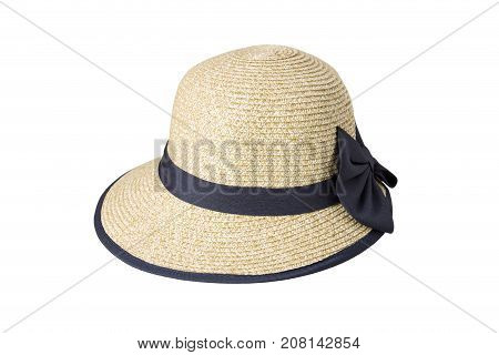 Woven hats decorated with black cloth tied with ribbon, isolated on a white background.