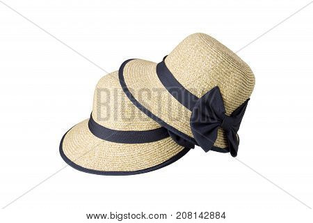 Woven hats decorated with black cloth tied with ribbon, isolated on a white background.