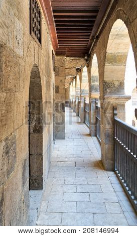 One of the arcades surrounding the courtyard of caravansary (Wikala) of Bazaraa Medieval Cairo Egypt