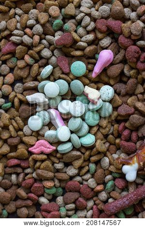 Vitamin tablets for pets on hip of dry pet food