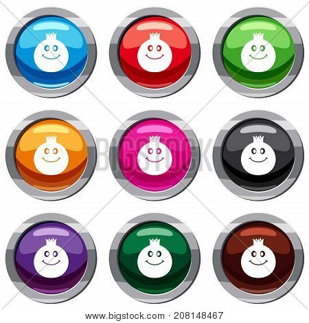 Ripe smiling pomegranate fruit set icon isolated on white. 9 icon collection vector illustration