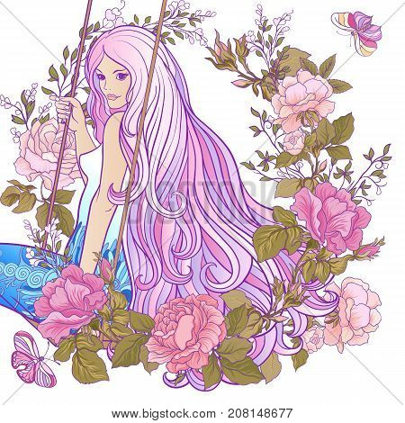 Young beautiful girl with long hair on swing on rich decorated floral patterned background. Stock line vector illustration.