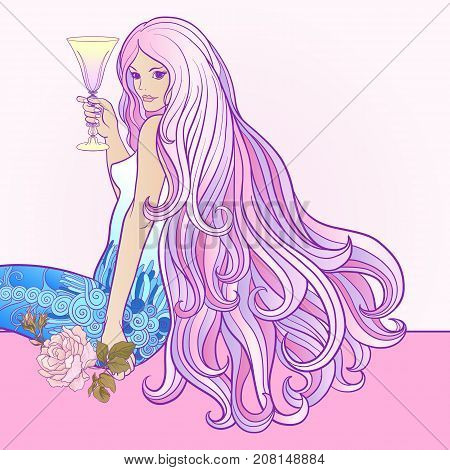 Young beautiful girl with long hair with glass of wine in rich decorated floral patterned frame. Stock line vector illustration.
