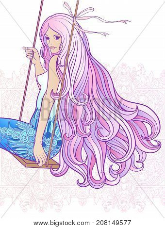 Young beautiful girl with long hair on swing on rich decorated floral patterned background. Stock line vector illustration.