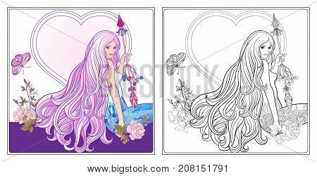 Young beautiful girl with long hair with arrow and roses. Stock line vector illustration. Colouring page for adult coloring book with sample
