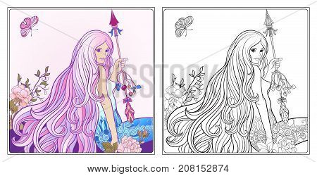 Young beautiful girl with long hair with arrow and roses. Stock line vector illustration. Colouring page for adult coloring book with sample