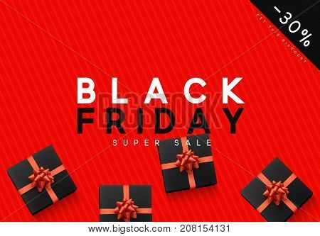 Black Friday sale, banner, poster advert. Card offert promotion design. Background black gift boxs with red bow.