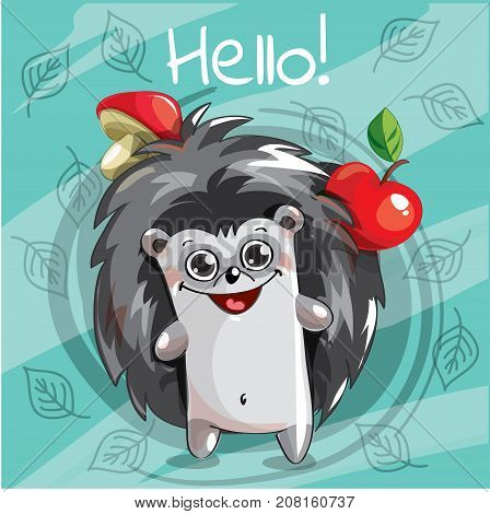 Vector illustration of cute cartoon hapy fun hedgehog. Greeting card, postcard. Hello.