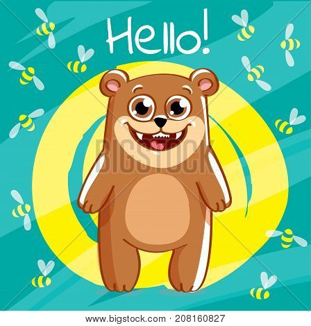 Vector illustration of cute cartoon hapy fun bear. Greeting card, postcard. Hello.
