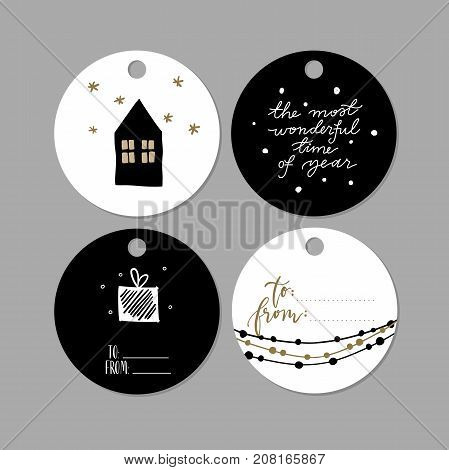Set of doodle Christmas gift tags. Vector hand drawn cute icons. Scandinavian style printables. Xmas lettering, house, present. New Year scrapbooking. Holiday festive party.