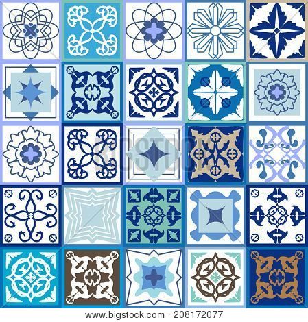Glazed ceramic mosaic with Moroccan, Spanish, Portuguese motifs. Vector ornaments for hamam, bathroom, kitchen design. Architectural collection, blue palette.