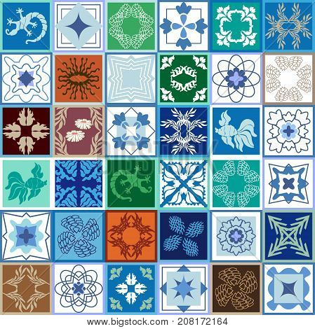 Glazed ceramic mosaic with Moroccan, Spanish, Portuguese motifs. Vector ornaments for hamam, bathroom, kitchen design. Architectural collection, blue palette.
