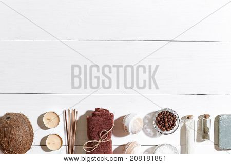Bathroom or spa set on white background top view mock-up. Copy space. Still life. Flat lay