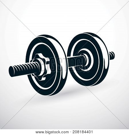 Dumbbell vector illustration isolated on white composed with disc weight. Sport equipment for weight lifting and cross fit training.