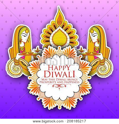 illustration of Lady burning diya on Happy Diwal Holiday background for light festival of India