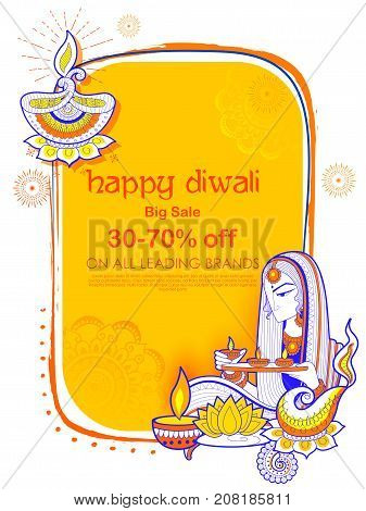 illustration of Lady burning diya on Happy Diwal Holiday Sale promotion advertisement background for light festival of India