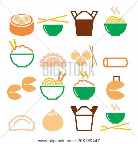 Chinese take away food - pasta, rice, spring rolls, fortune cookies, dumplings