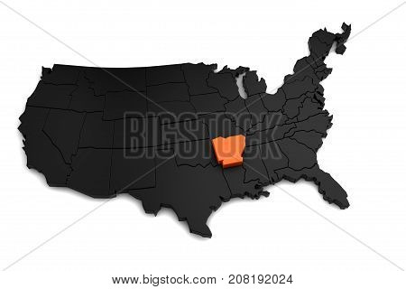 United States of America, 3d black map, with Arkansas state highlighted in orange. 3d render.