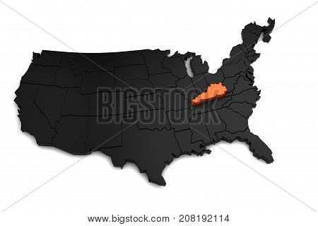 United States of America, 3d black map, with Kentucky state highlighted in orange. 3d render