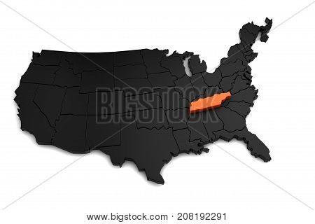 United States of America, 3d black map, with Tennessee state highlighted in orange. 3d render