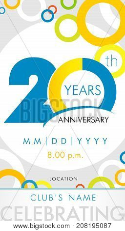 20 years anniversary invitation card, celebration template concept. 20th years anniversary modern design elements with background colored circles. Vector illustration