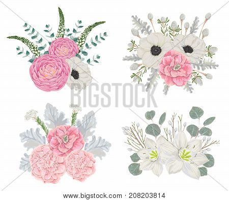 Decorative holiday bouquets set with flowers, leaves and branches. Vintage winter floral elements. Hand drawn vector illustration in watercolor style