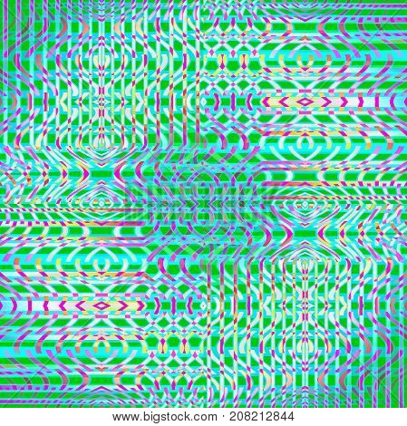 Abstract geometric background multicolored. Intricate pattern with wiggly lines pink, violet, purple, light blue and bright green centered.