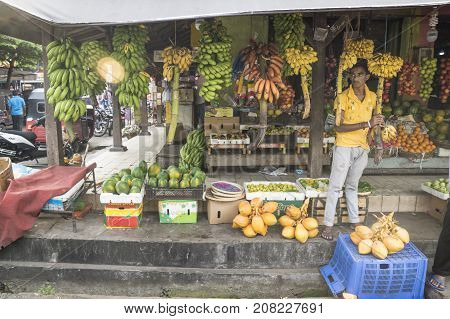 Galle Sri Lanka - April 11 2017: Market seller standing at a stall with different types of bananas and fruits