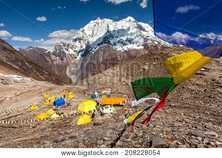 Base camp below Manaslu mountain in highlands of Nepal