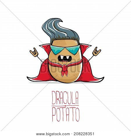 vector funny cartoon cute dracula potato with fangs and red cape isolated on white background. My name is dracula potato vector concept halloween background. vampire monster vegetable funky character