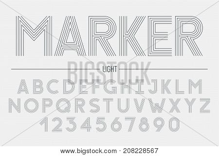 Retro futuristic bold decorative font design alphabet typeface typography. 5 lines Vector illustration