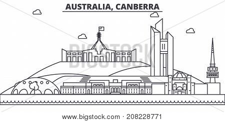 Australia, Canberra architecture line skyline illustration. Linear vector cityscape with famous landmarks, city sights, design icons. Editable strokes
