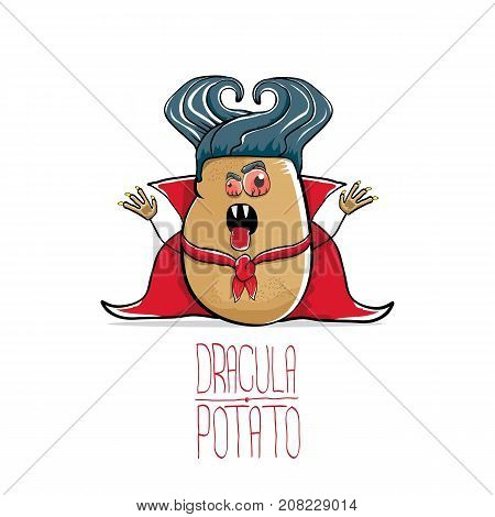 vector funny cartoon cute dracula potato with fangs and red cape isolated on white background. My name is dracula potato vector concept halloween background. vampire monster vegetable funky character
