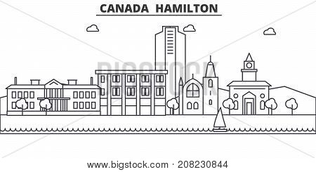 Canada Hamilton line architecture skyline illustration. Linear vector cityscape with famous landmarks, city sights, design icons. Landscape wtih editable strokes