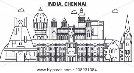 Chennai, India architecture line skyline illustration. Linear vector cityscape with famous landmarks, city sights, design icons. Editable strokes