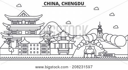 China, Chengdu architecture line skyline illustration. Linear vector cityscape with famous landmarks, city sights, design icons. Editable strokes