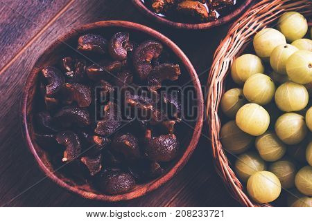 Stock photo of dried sweet and salty or chatpata Amla/Avla/Aavla called murabba, muramba or candy, selective focus