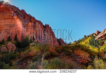 Kolob Canyon part of Zion National Park in Southern Utah in the autumn with Sunburst.