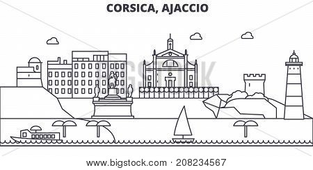 France, Ajaccio architecture line skyline illustration. Linear vector cityscape with famous landmarks, city sights, design icons. Editable strokes