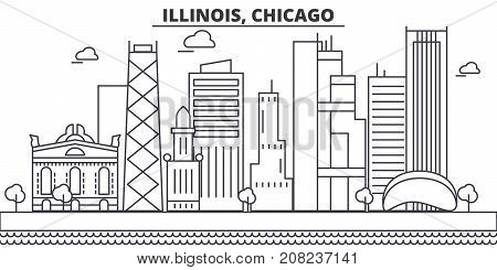 Illinois, Chicago architecture line skyline illustration. Linear vector cityscape with famous landmarks, city sights, design icons. Editable strokes