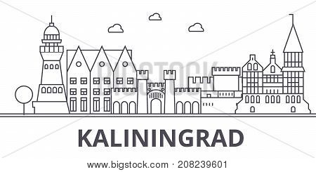Kaliningrad architecture line skyline illustration. Linear vector cityscape with famous landmarks, city sights, design icons. Editable strokes
