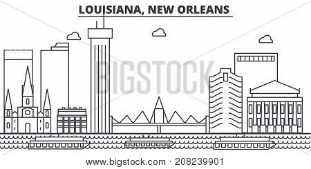 Louisiana, New Orleans architecture line skyline illustration. Linear vector cityscape with famous landmarks, city sights, design icons. Editable strokes