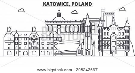 Poland, Katowice architecture line skyline illustration. Linear vector cityscape with famous landmarks, city sights, design icons. Editable strokes
