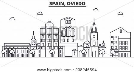 Spain, Oviedo architecture line skyline illustration. Linear vector cityscape with famous landmarks, city sights, design icons. Editable strokes